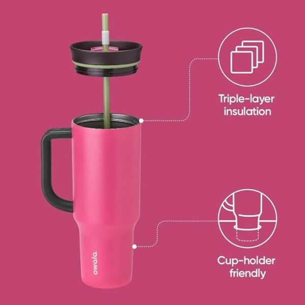 Owala Stainless Steel Triple Layer Insulated Travel Tumbler with Spill Resistant Lid, Straw, and Carry Handle, BPA Free, 40 oz, Pink (Watermelon Breeze) - Image 2